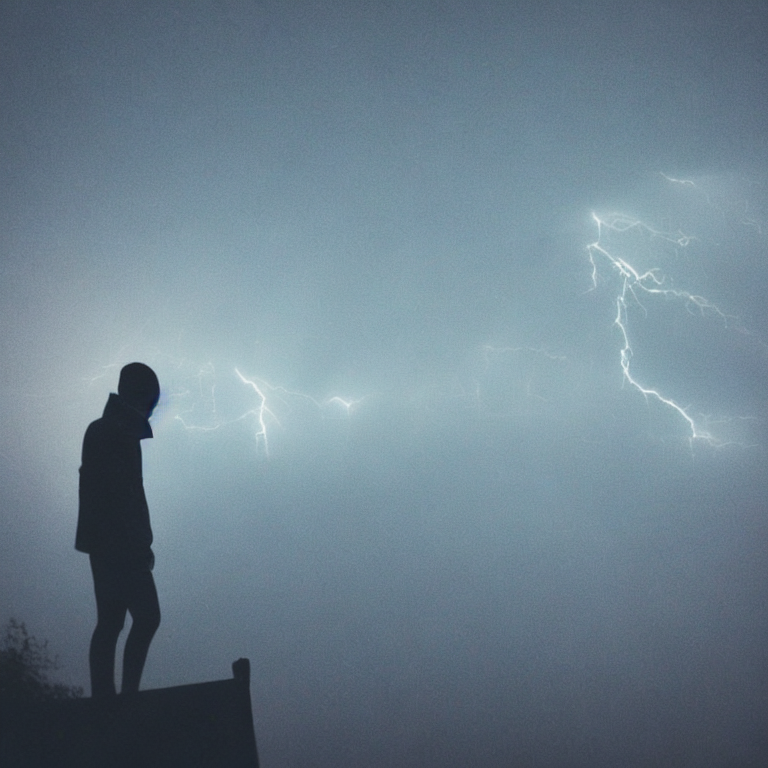 CREAIT_OFFICIAL's tweet photo. A dark and foggy night, a lone figure sits atop a rooftop surrounded by lightning and thunder. Soft focus lens flare adds an extra layer of mystique to the scene #aiart #aigeneratedart https://t.co/gOtoxDTh4l