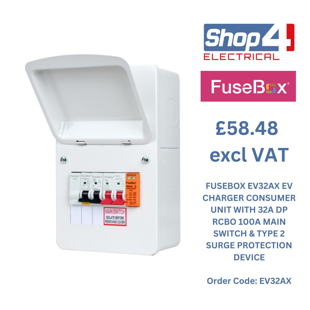 £58.48 ex VAT - FuseBox EV32AX is an EV Charger Consumer Unit With 32A DP RCBO 100A Main Switch &amp; Type 2 Surge Protection Device 

👉 ow.ly/JTzn50Oq3lO..

#electricians #makingelectriciansmile <a href="/CPFuseBox/">FuseBox</a>
