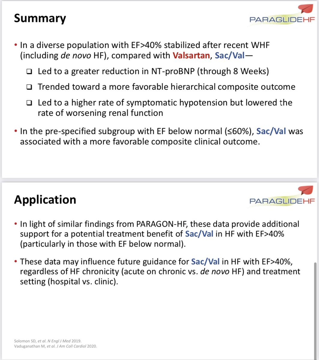 Grateful to share results of PARAGLIDE-HF on behalf of tremendous team effort. Sac/Val vs Val in 466 pts w HF and EF>40% with recent WHF. Positive trial for NTproBNP reduction; CV & renal endpts favored esp in EF<|=60% jacc.org/doi/10.1016/j.…
