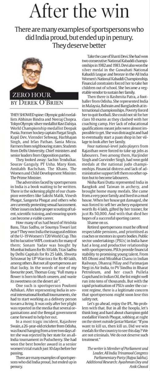 derekobrienmp's tweet image. Final #Replug of my column for @IndianExpress 

#ZeroHour every alternate Friday 

WHY DO WE TREAT OUR SPORTSPERSONS SO BADLY. Let's enjoy IPL, but not forget Vinesh Phogat sobbing at Jantar Mantar.

You can also read, watch or listen to the article at &amp;gt;&amp;gt; bit.ly/3OmjPSb