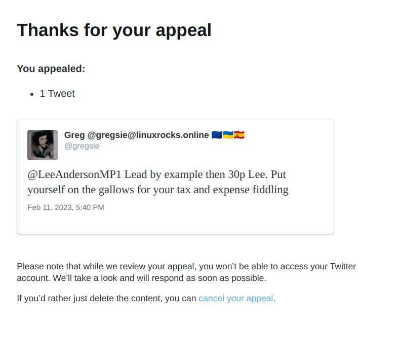 gregsie's tweet photo. Fecking twitter moderation bots.
Tory sycophants. You get a ban for this, yet threats of rape and murder do not violate the ToS fot twatter. unreal.

I will deactivate this account. https://t.co/1QoXFDzMYz