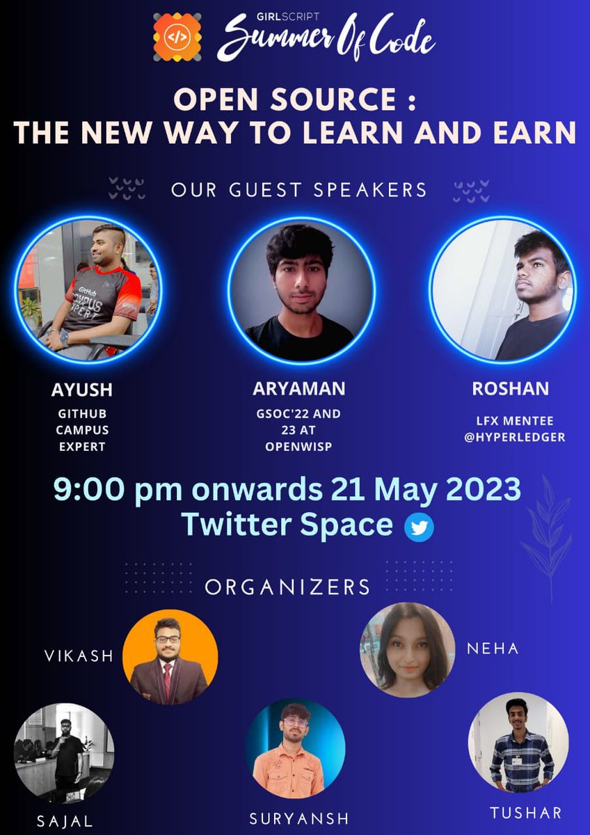 sajalbatradev's tweet photo. Please join as we @nehavns2848, @sajal_batra, @TusharGothwal03, and @itssuryanshP, as have organised a twitter space on open source.
We are absolutely thrilled to welcome esteemed guest speakers @AryamanZ29, @AyushKu38757918, and @dev_roshangeorg.
#opensource #tech #tech_twitter https://t.co/9sA7UWkHTc