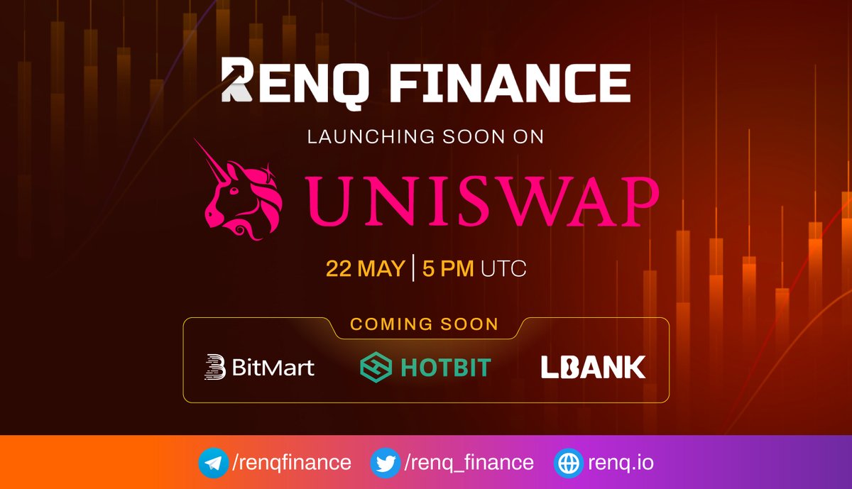 RenQ_Finance's tweet photo. Exciting News🤩 

Get ready for the launch of #RENQFinance on Uniswap!🥳 

Save the date🗓: May 22nd at 5 pm UTC🕔

But that's not all! #RENQ will also be available soon on #BitMart, #HOTBIT, and #LBANK. 

Stay tuned for more updates🚀🚀! https://t.co/3h2V9JgkUK