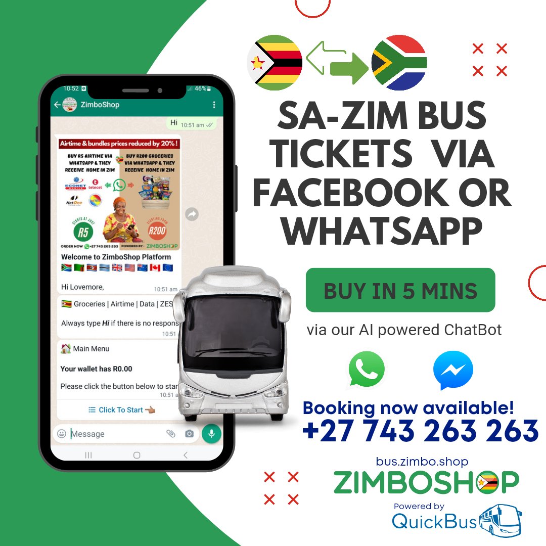 TheZimboShop's tweet photo. Zim-SA 🇿🇼↔️🇿🇦 Bus tickets now available via WhatsApp powered by @QuickBusZA

Just book your ticket on Chatbot  and go pay Order at the nearest local Shop in SA! All under 5 minutes!

Check it out here https://t.co/bX4k9cutkG

#redmarketsunday #Pilot #betatesting #chatbot https://t.co/eWqtHN9o1h