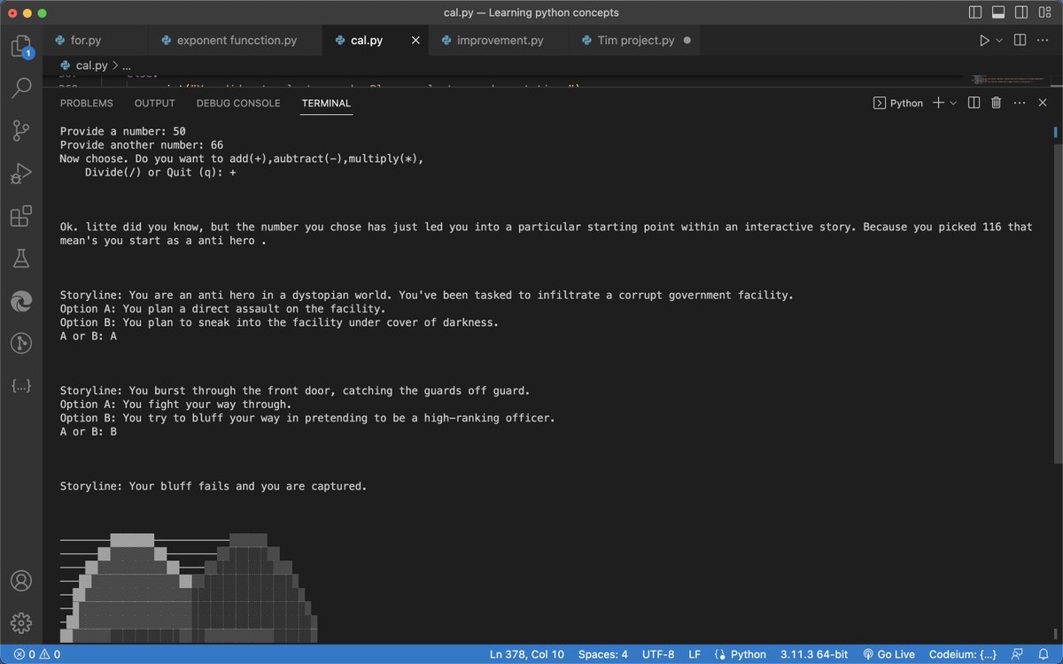 IsItTooLate12's tweet image. Just completed my first interactive game with Python - only 4 weeks into learning! The game lets players navigate stories as a hero, villain, or anti-hero. There&apos;s a lot more to Python and I&apos;m keen to learn. Tips and resources are welcome! #PythonNewbie #CodingJourney