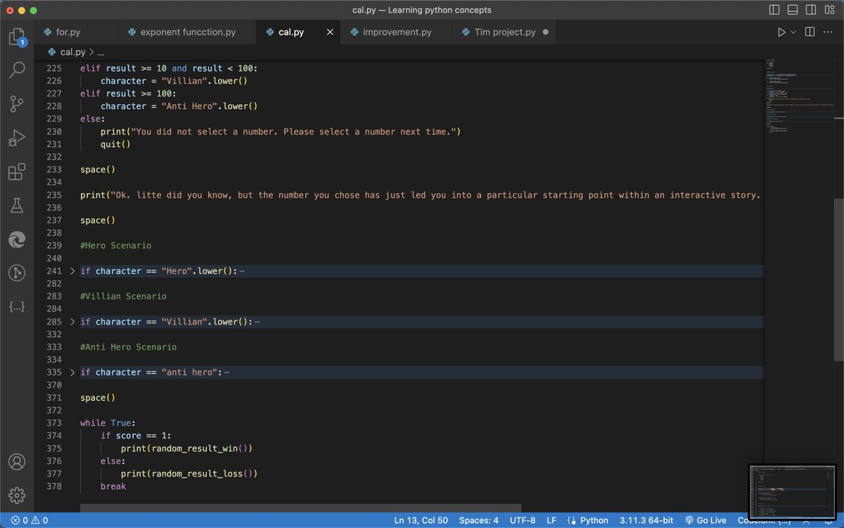 IsItTooLate12's tweet image. Just completed my first interactive game with Python - only 4 weeks into learning! The game lets players navigate stories as a hero, villain, or anti-hero. There&apos;s a lot more to Python and I&apos;m keen to learn. Tips and resources are welcome! #PythonNewbie #CodingJourney