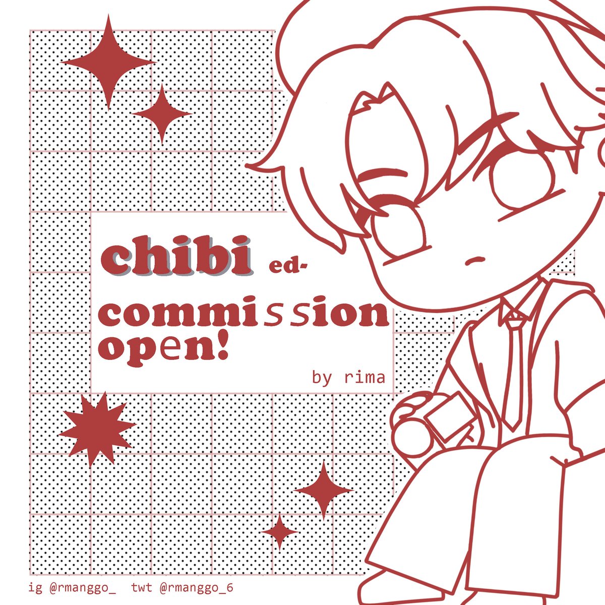 rmanggo_6's tweet photo. [NEED YOUR RTs AND LIKES]
COMMISSION OPEN

Hii, I am opening chibi commission for local &amp; international

If you wanna ask anything DM me on Instagram (https://t.co/ePKvrGkgaL) 
Also, you can check my other chibi art on Instagram ~(^v^~)

#commissionsopen #opencommissions #Chibi https://t.co/PX2XvFMBBe