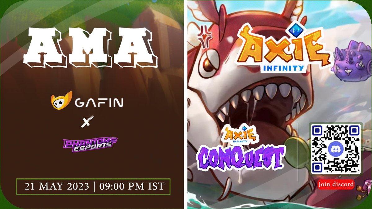 PhantomsEsp26's tweet photo. Join us for an exciting AMA regarding @Gafin_io Presents AXIE INFINITY CONQUEST CHALLENGE and get your questions answered :)
Time - 21 May 2023 @ 03:30 PM UTC /09:00 PM IST
Venue - Gafin's Discord Server
Link - https://t.co/PgVtKY51JM
See You There :)))
@AxieInfinity #ptesp https://t.co/CNCQWttgbW