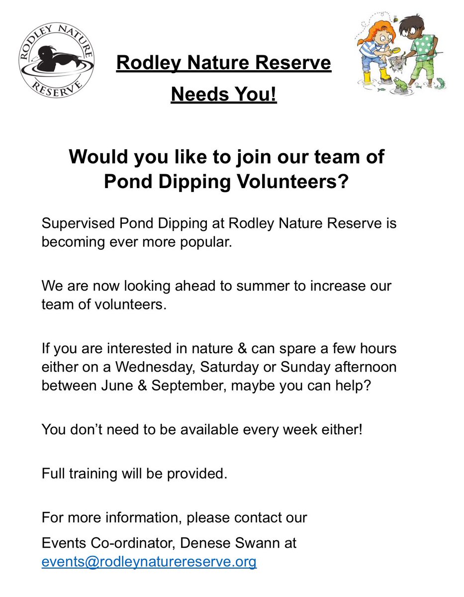 We need more volunteers to keep running our pond dipping sessions - see the poster for info & email events@rodleynaturereserve.org to apply or ask any questions

We can’t run the sessions without volunteers - come & join our team! 
#volunteer #volunteering #leeds #nature #rodley