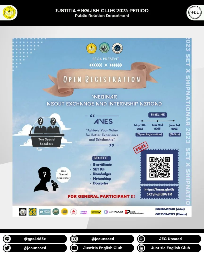 jecunsoed's tweet photo. STUDENT ENGLISH GROUP OF AGRICULTURE (SEGA) PROUDLY PRESENT:

[Student Exchange Time (SET) x SHIPNATIONAR 2023]

🦉AVES🦉
*Achieve Your Value for Better Experience and Scholarship*

(...) https://t.co/RFNhNbcEkV