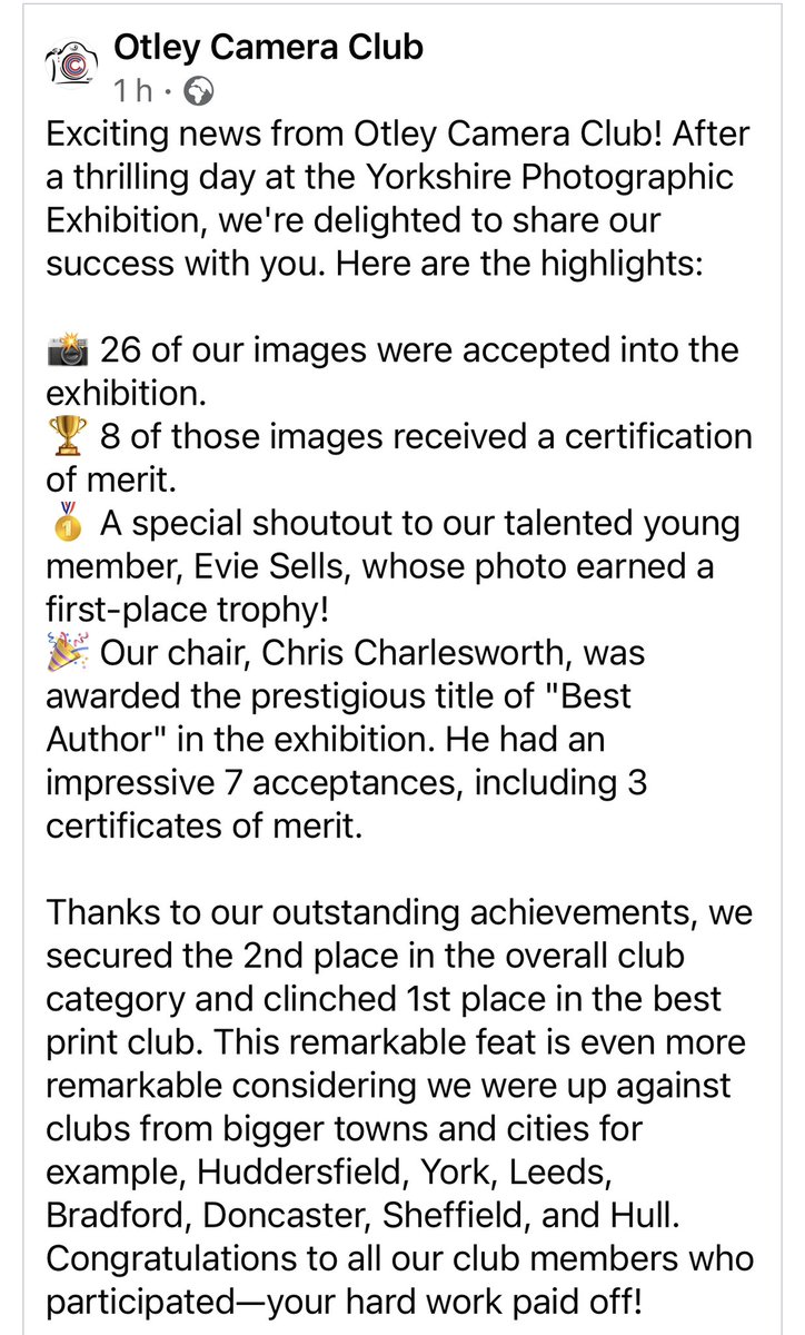 OtleyCameraClub's tweet photo. Great news from YPU exhibition with 7 club members receiving awards! https://t.co/3vImSHwqmT