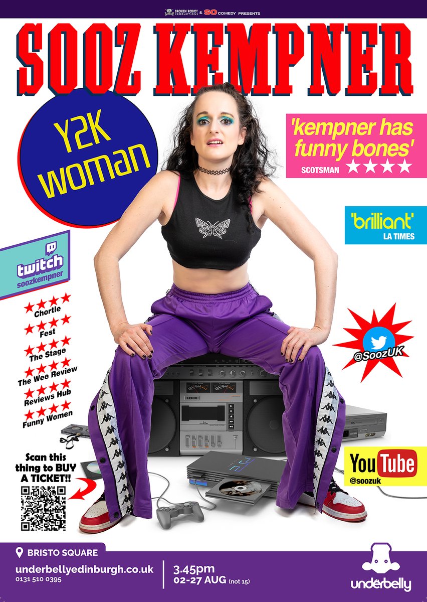 TA-DAAAAAA my 2023 Edinburgh poster! @steveullathorne is absolutely brilliant, the Smash Hits look was all his idea and can you BELIEVE I matched the Kappa trousers to the @FollowTheCow branding? See you in August!