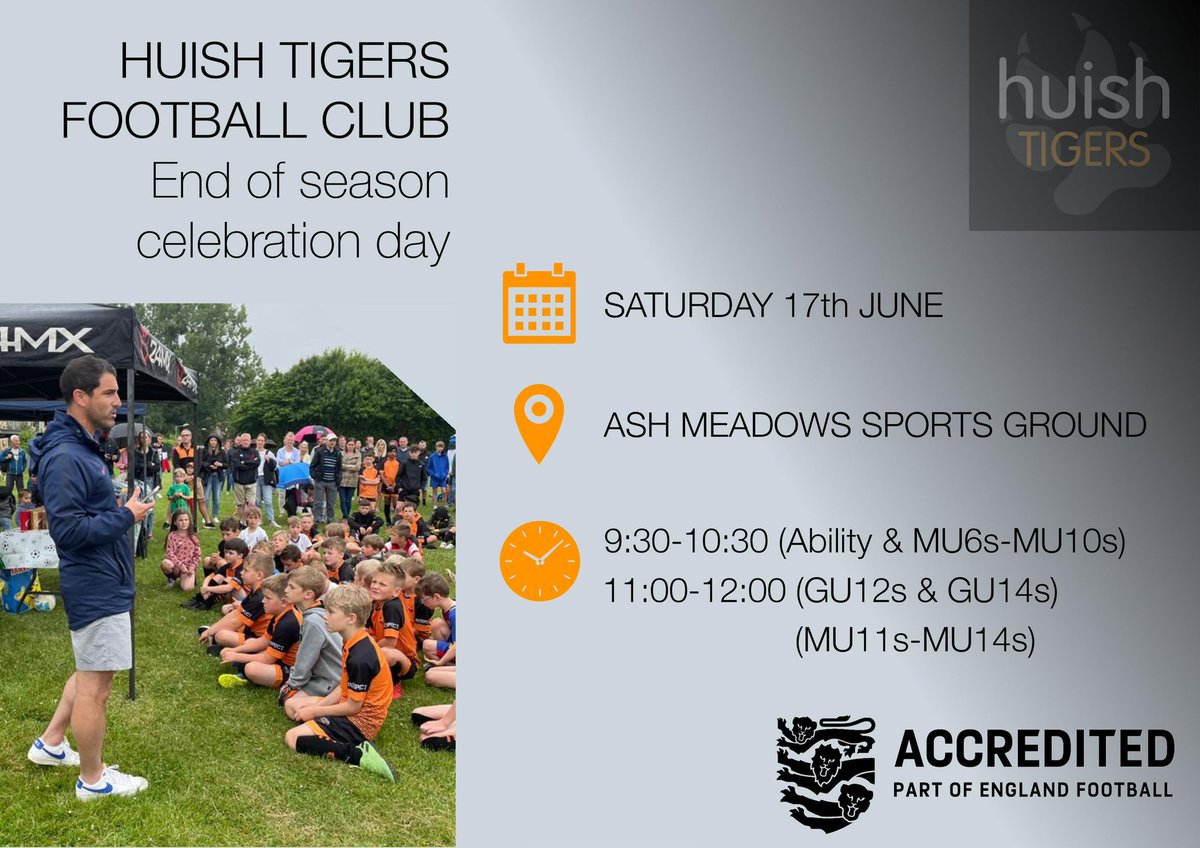 🥳| Celebration Day is confirmed for Saturday 1️⃣7️⃣th June and we can’t wait to recognise all the hard work and effort of our volunteers and young people 🙌

Further details will come via your teams and age groups 📲

See you all in a few weeks 👋

#tigersfamily🐯⚽️🧡🖤