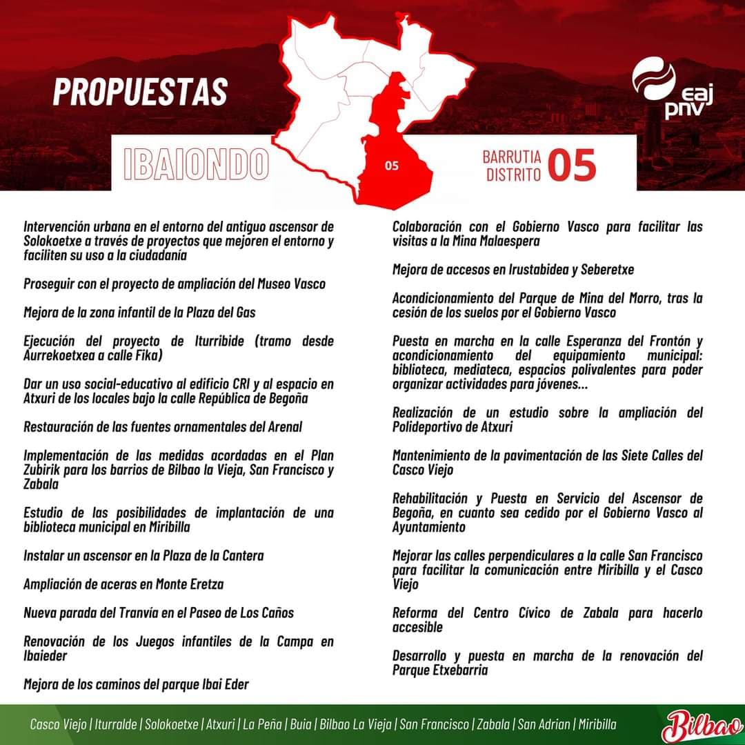ErrekaldeEAJPNV's tweet photo. 📌 Estas son las propuestas que tenemos para los barrios del Distrito 5: #Ibaiondo

🏘 #ZazpiKaleak #CascoViejo #Iturralde #Solokoetxe #Atxuri #Abusu #Buia #BilboZaharra #BilbaoLaVieja
#SanFrantzisko #Zabala #SanAdrian #Miribilla
#AurreraBateraBilbao 
#JuanMariAlkatea https://t.co/ODw6gyqGtL