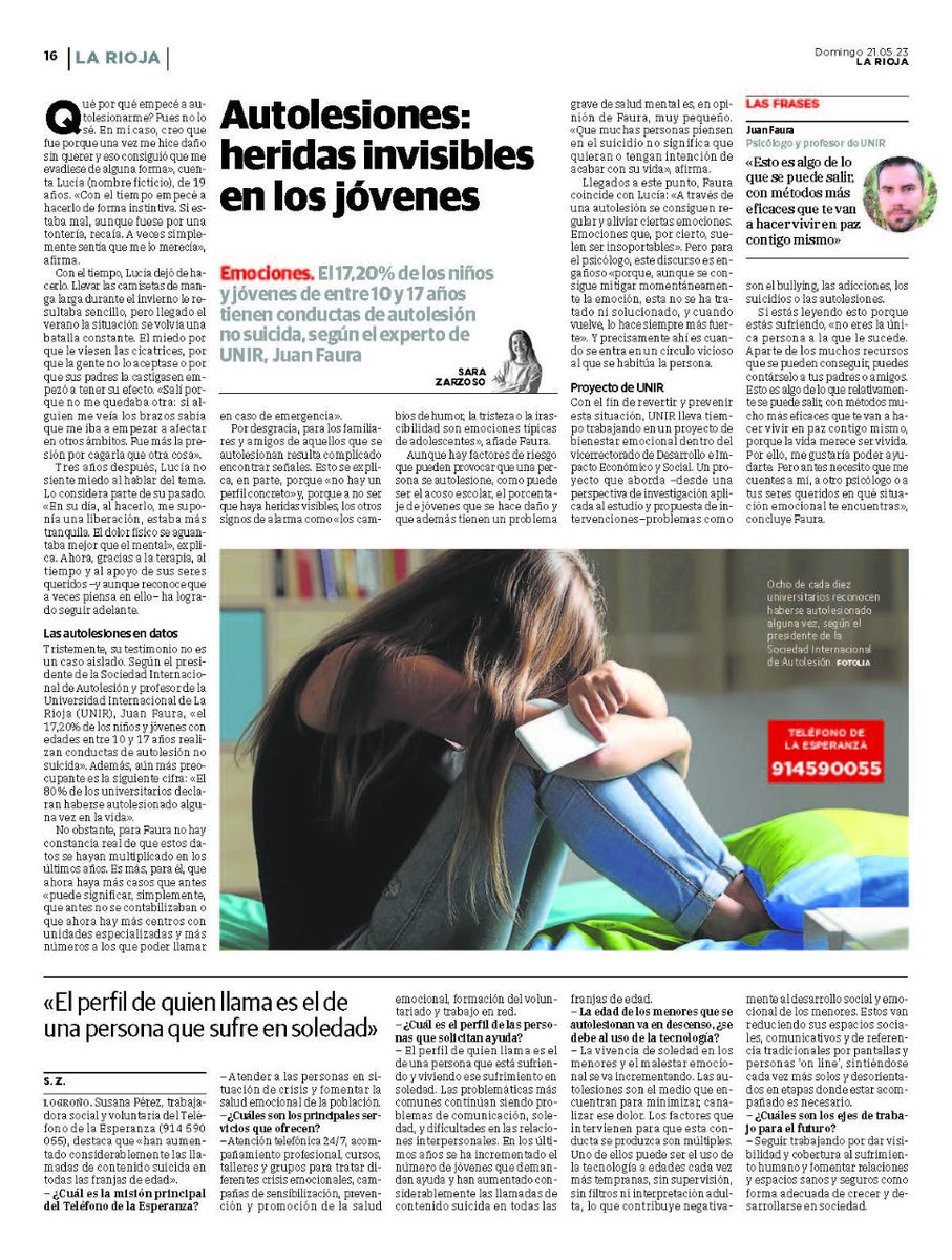 Departamento Prensa UNIR (@prensaunir) on Twitter photo ⚠ El 17,20% de los niños y jóvenes de entre 10 y 17 años tienen conductas de #autolesión no suicida, según el psicólogo y profesor de <a href="/UNIRuniversidad/">Universidad Internacional de La Rioja (UNIR)</a>, Juan Faura, presidente de la Sociedad Internacional de Autolesión. Léelo hoy, en <a href="/lariojacom/">lariojacom</a>.
#SaludMental #Psicología ⚠ El 17,20% de los niños y jóvenes de entre 10 y 17 años tienen conductas de #autolesión no suicida, según el psicólogo y profesor de <a href="/UNIRuniversidad/">Universidad Internacional de La Rioja (UNIR)</a>, Juan Faura, presidente de la Sociedad Internacional de Autolesión. Léelo hoy, en <a href="/lariojacom/">lariojacom</a>.
#SaludMental #Psicología