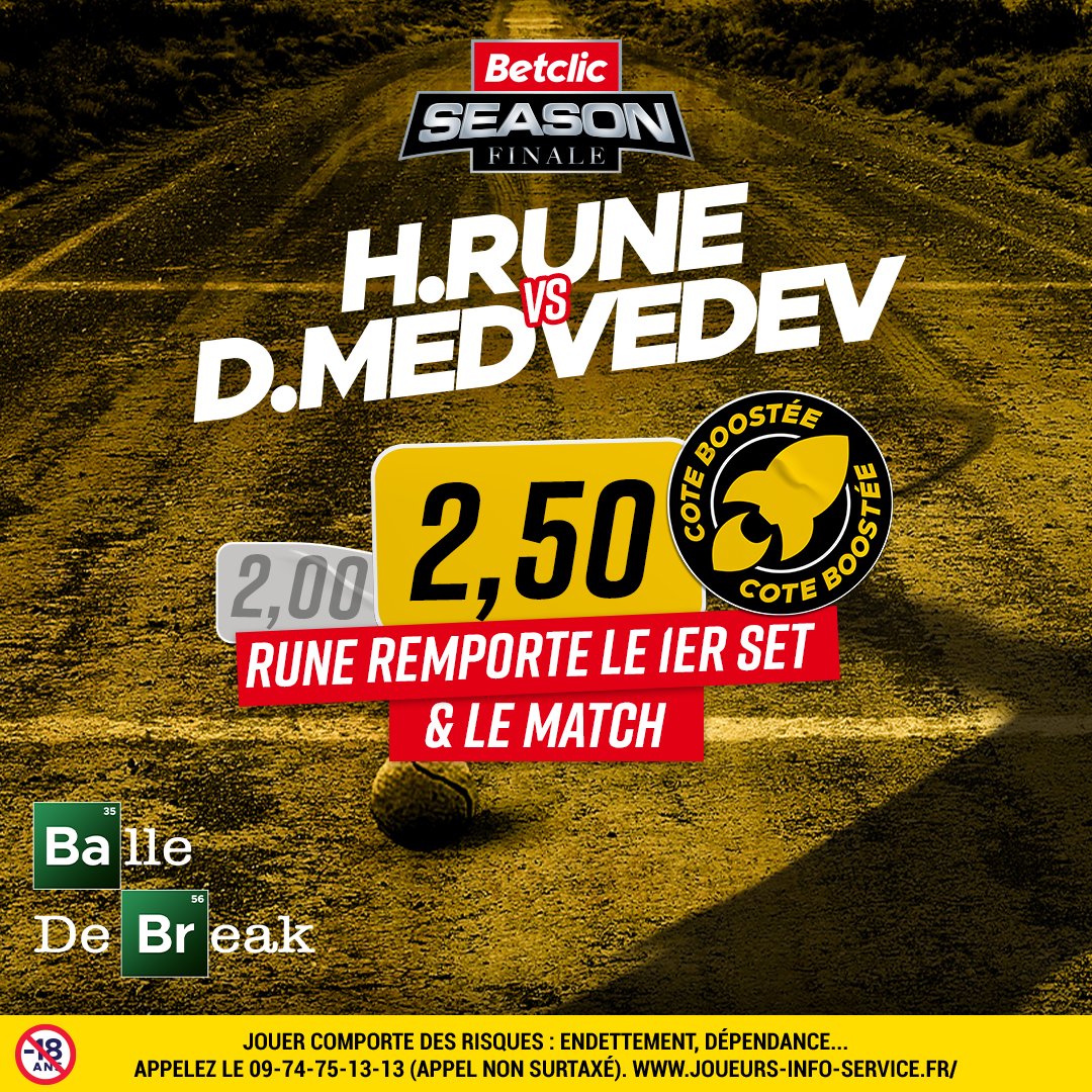 Betclic's tweet photo. 🎾 Balles neuves : c'est le boooooost Tennis 

Rune a remporté ses 7 derniers matchs face à des Top 5 : il remet ça face à Medvedev ? 

On boost la cote "Rune remporte le 1er set &amp; le match" à 2,50 💥

⚠ Mise max 20€ // Dispo jusqu'à 15h30 https://t.co/2neBX1ahr3
