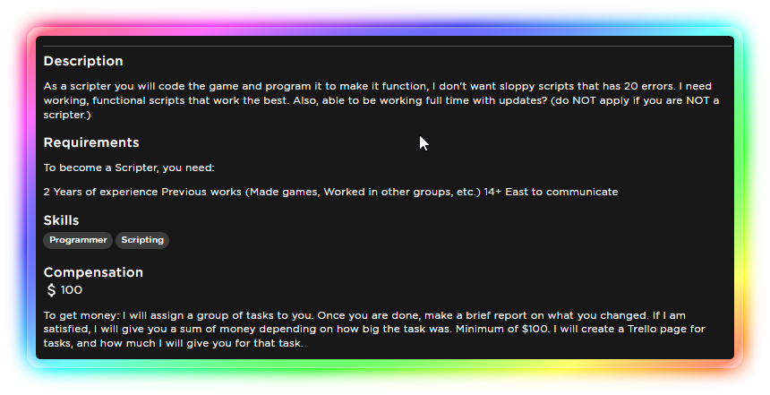 dev_clueless's tweet photo. #RobloxDev
Advice for newbie scripters that are +16 y/o. that want to actually be scripters for a living.

Don't waste your time on "long term" comms. No it won't be a front page game &amp; the guy that hired you is probably clueless too, go for short term comms to build a porto https://t.co/Ky92kLWDXj