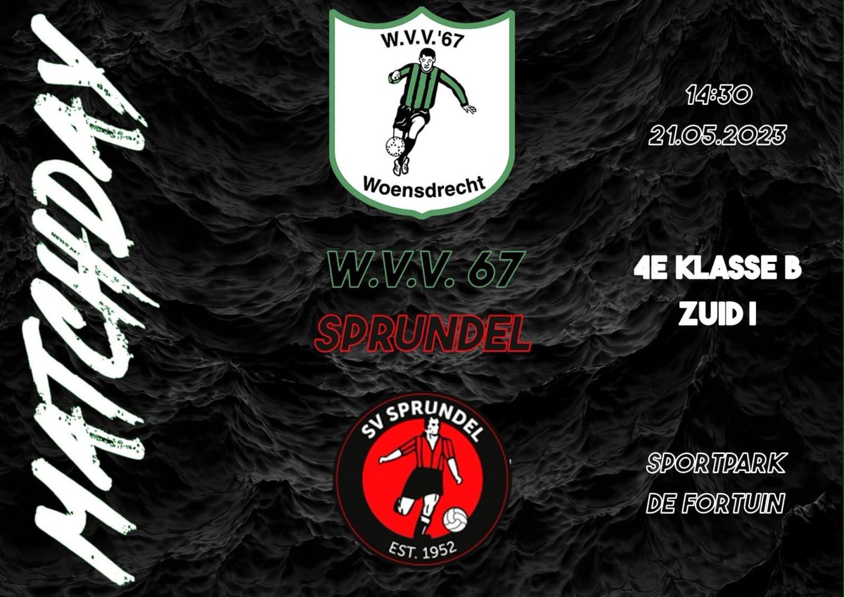 MATCHDAY! 

⚽️ WVV’67 - <a href="/SVSprundel/">SV Sprundel</a> 
📆 Zondag 21 mei 2023
🕞 Aanvang: 14.30
📍 Sportpark De Fortuin