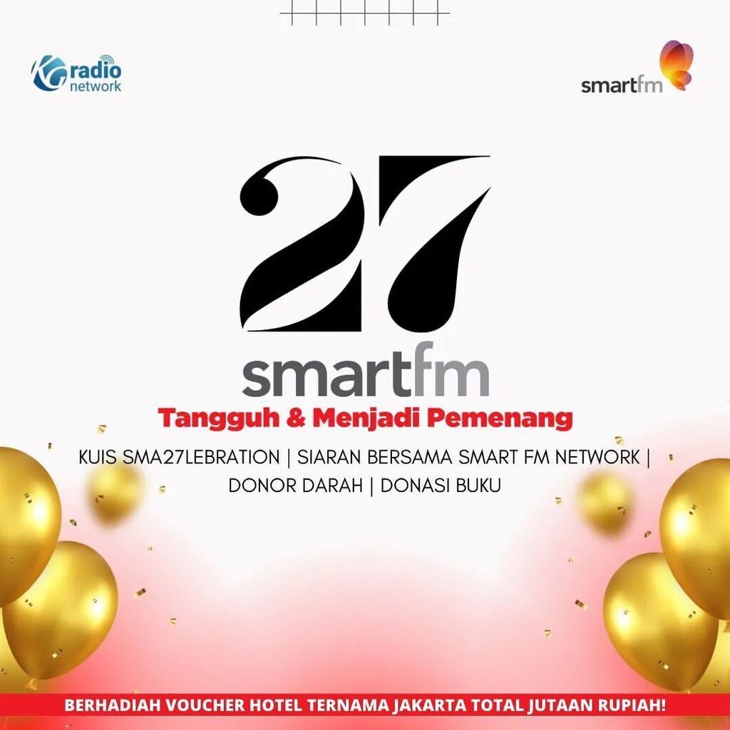 Ikuti rangkaian semarak 27 tahun Smart FM Network, "Tangguh dan Menjadi Pemenang" ✨

🎮 Kuis Smar27Lebration
📻 Bincang bersama seluruh narasumber Smart FM pada Senin, 22 Mei 2022.
🩸 Donor darah
📚 Donasi buku

#27thSmartFMNetwork #TangguhDanMenjadiPemenang #SmartFMNetwork
