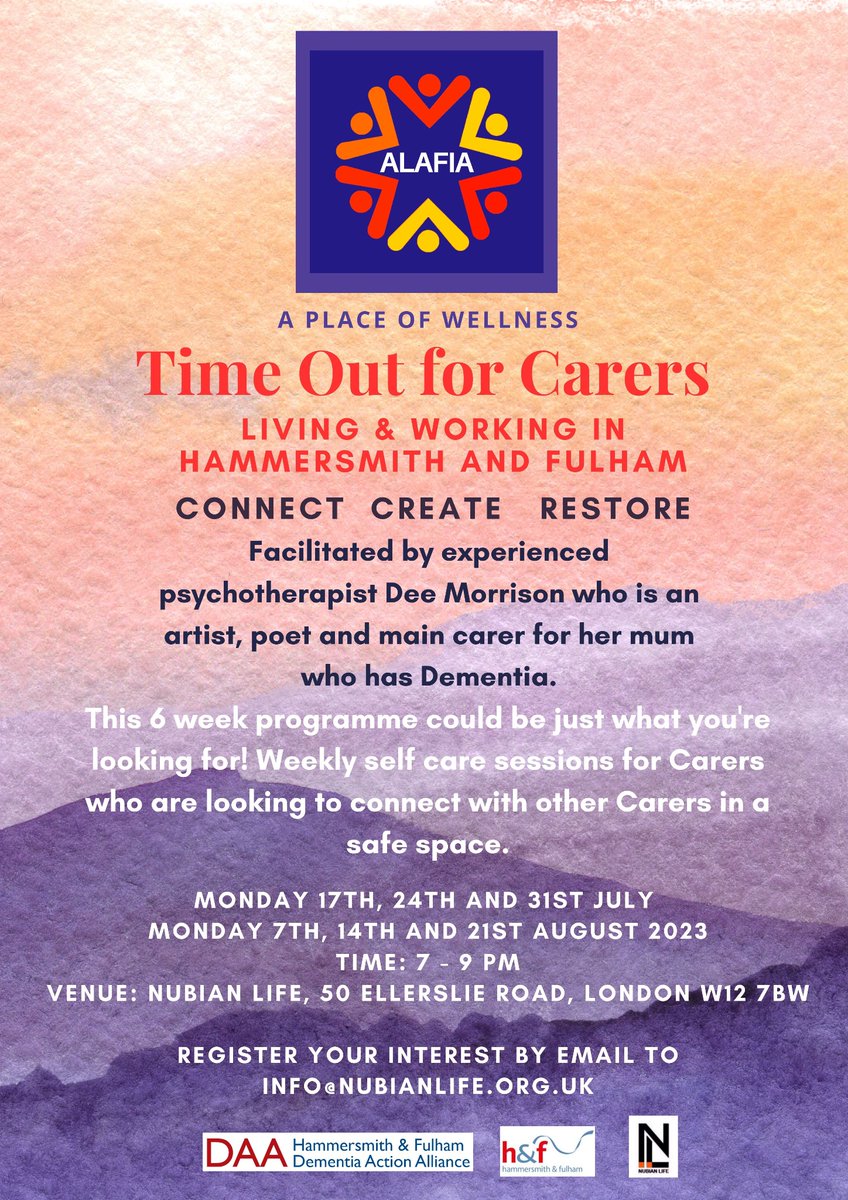 Do you care for a family member friend, or neighbour. Then this programme is for you. Time Out For Carers, 6 week programme was written by a Carer for Carers, using art & talking therapy. Mon evenings 7-8:30pm. Register @ info@nubianlife.org.uk