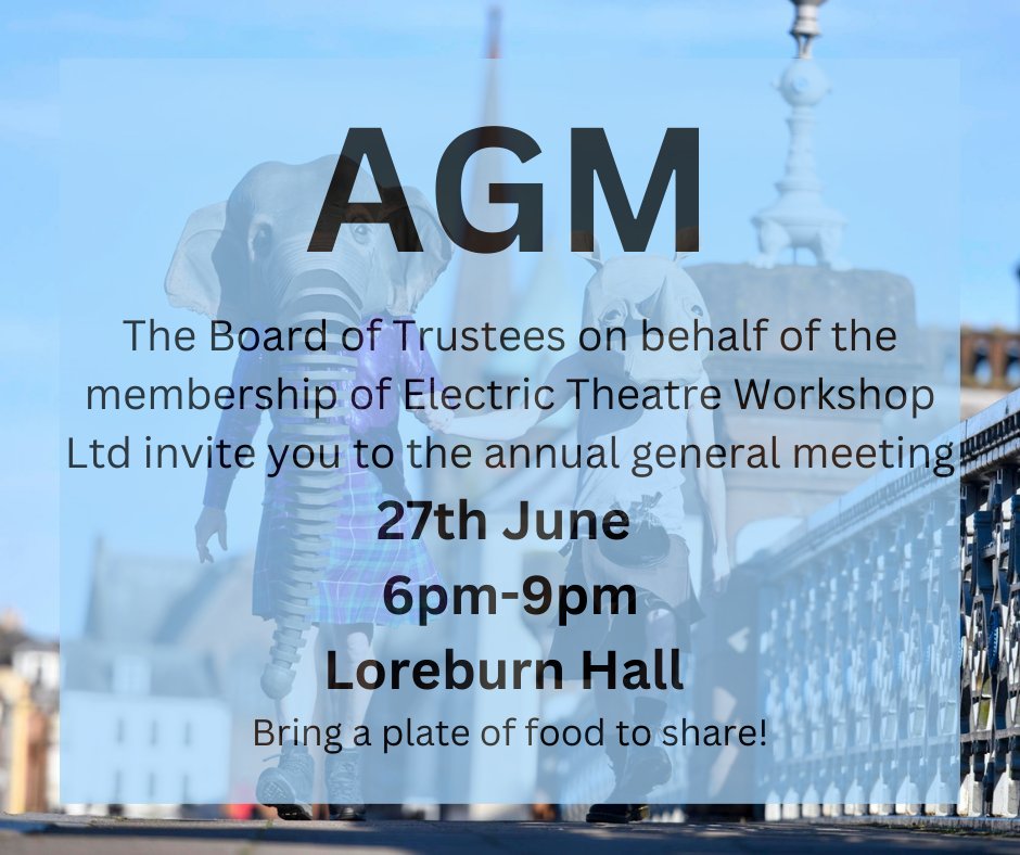 We are delighted to invite you to our AGM which takes place at the Loreburn Hall on 27th June 6pm - 9pm with food and music.   Bring a plate of food to share. 

Book your space here 
loom.ly/KOIzNN8