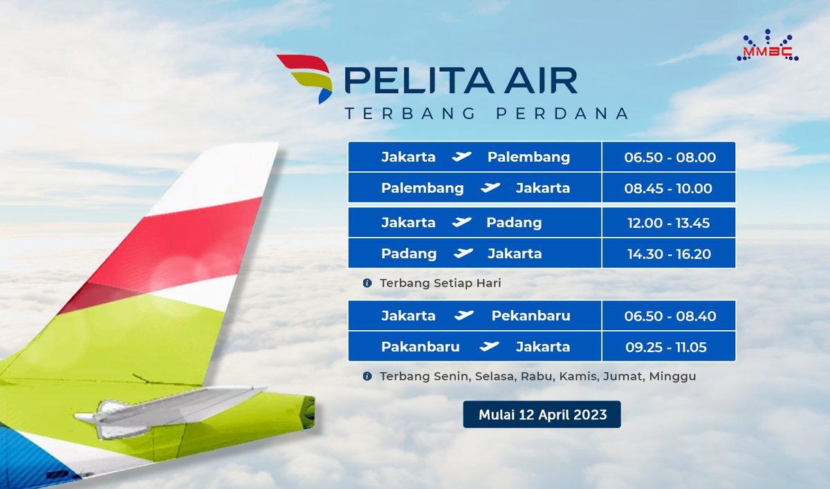 dirgaaantara_'s tweet photo. Pelita Air membuka rute baru serentak pada tanggal 12 April 2023 tujuan Palembang, Padang, Pekanbaru dari Jakarta.

Beli Tiket Pelita Air di MMBC https://t.co/AovEXdmlsz atau Download Aplikasi MMBC di PlayStore https://t.co/bijL1viXLy https://t.co/oZHRa8u4bd