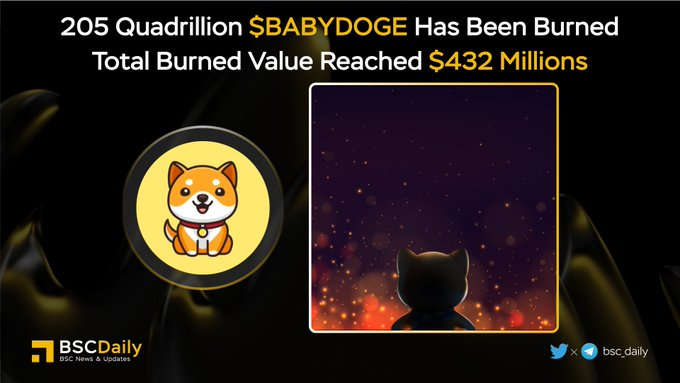 spiderman20138's tweet photo. The value of 205 quadrillion BabyDogeCoin has been burned, resulting in a total burned value of $432 million.

#BABYDOGE  is a community centered around humorous memes, constructed on the Binance Smart Chain. The community also holds a world record for rescuing dogs. https://t.co/Db1Y8wYJiC