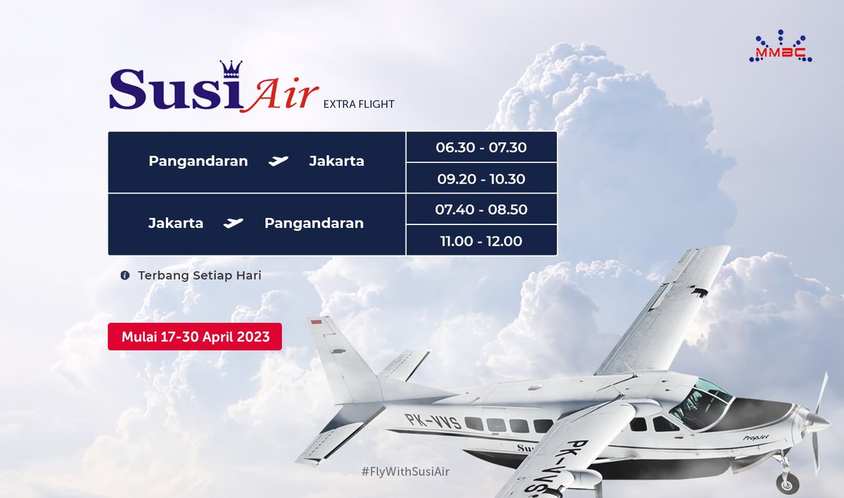 dirgaaantara_'s tweet photo. Kali ini, rute Jakarta - Pangandaran dan Pangandaran - Jakarta akan dibuka setiap hari, terhitung dari tanggal 17 hingga 30 April 2023

Pesan tiket Susi Air di MMBC https://t.co/AovEXdmlsz atau Download Aplikasi MMBC di PlayStore https://t.co/bijL1viXLy https://t.co/jAFb0e8YvY