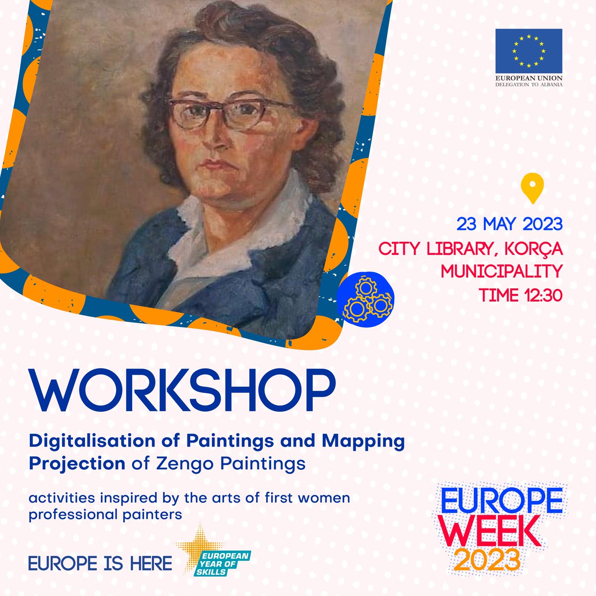 EUinAlbania's tweet photo. #Korca, #EuropeWeek2023 is here for you! On Wednesday, May 23, we will be attending the Digitalisation&Art workshop, featuring the #mappingprojection of #Zengopaintings, inspired by Albania's first women professional painters. Young students will learn about art history and...1/2 https://t.co/msXdOowgjP