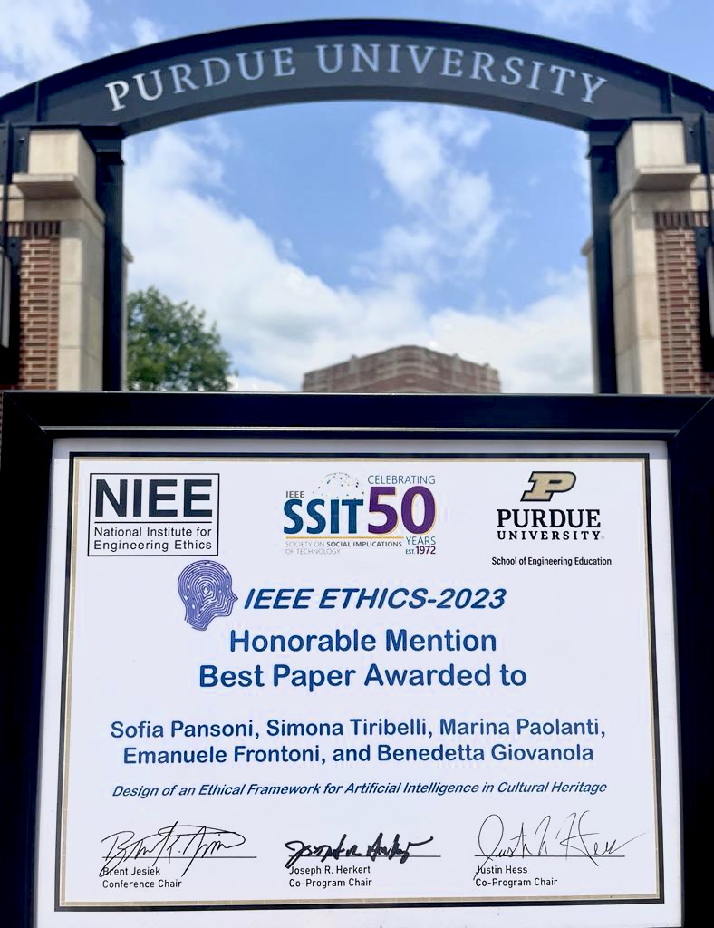 Extremely glad that our paper "Designing an Ethical Framework for Artificial Intelligence in Cultural Heritage" was awarded an honorable mention for best paper at the 2023 <a href="/IEEEethics/">IEEE Ethics</a> Conference hosted by Purdue University!
#AIethics #culturalheritage
<a href="/LifeAtPurdue/">Purdue University</a> 
<a href="/UniMC/">Università di Macerata</a>