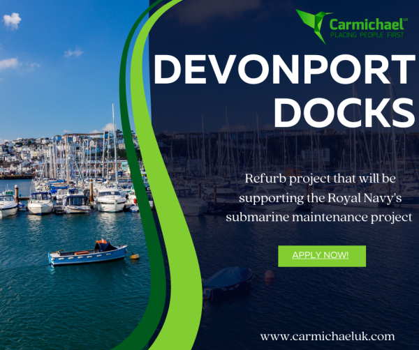 Carmichael_UK's tweet image. Are you looking for job opportunities? Get involved in the #DevonportDocks refurbishment project which will be supporting the Royal Navy&apos;s submarine maintenance programme. 

Check out all our live roles on our website 👉 shorturl.at/pwEHV

#construction #civilengine...