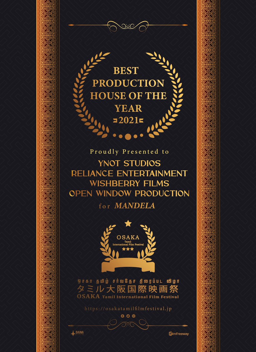 #OTIFF2021 Best Production House Award Proudly presented to @RelianceEnt @StudiosYNot @openwindow_offl @Wishberry_in #Mandela @iYogibabu @osaka_tamil @Rajini_Japan @KskSelvaPRO @SureshDaina