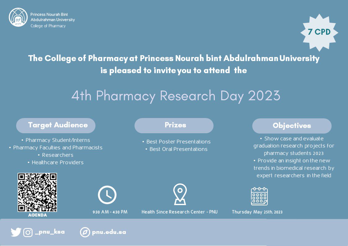 PNU_EVENTS's tweet photo. تعلن كلية الصيدلة عن فعالية “4th Pharmacy Research Day 2023".
https://t.co/c8zxnYymQa

#جامعة_الأميرة_نورة
#PNU https://t.co/EhflIbPVmh