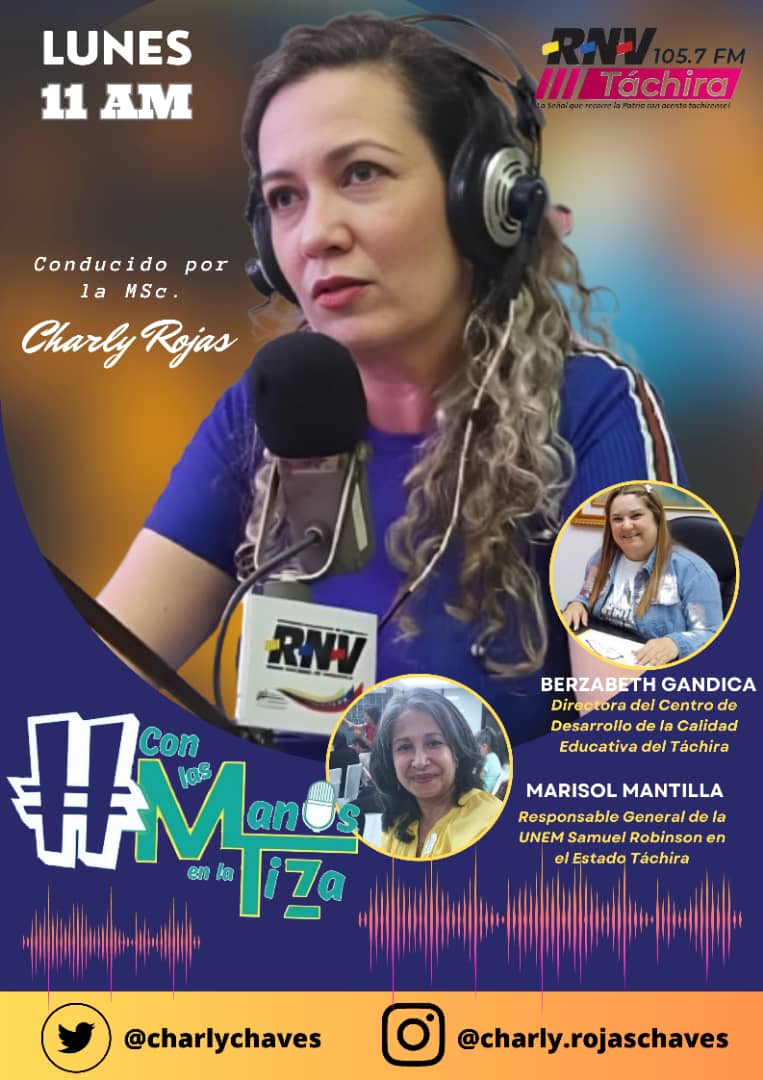 #21May Te invitamos este lunes 22 de Mayo a sintonizar el Programa: Con las  Manos en la Tiza, 11:00 a.m por RNV 105.7 FM, estará como invitada nuestra Directora de CDCE Táchira <a href="/Berzabethg1/">Berzabethgandicaoficial</a>. <a href="/NicolasMaduro/">Nicolás Maduro</a> <a href="/_LaAvanzadora/">Yelitze Santaella</a> <a href="/Mippcivzla/">mippci</a> @MPPEDUCACION <a href="/FreddyBernal/">Freddy Bernal</a> <a href="/KaremDeBernal/">Karem Durán de Bernal</a>