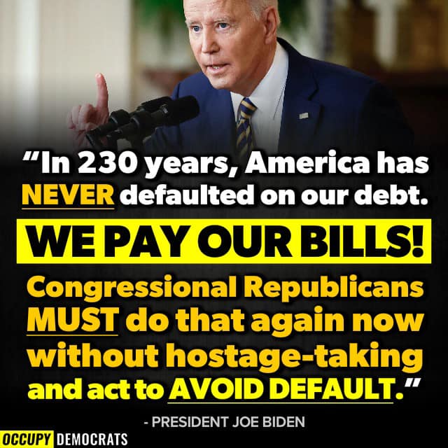 POTUS must not negotiate!
#GOPTerrorists in House won’t pass debt limit increase
They want to crash economy so Biden will get blame
POTUS must use 14th Amendment & stop catastrophe 
It’s the only way
#ProudBlue #DemVoice1#Fresh
 washingtonpost.com/business/2023/…