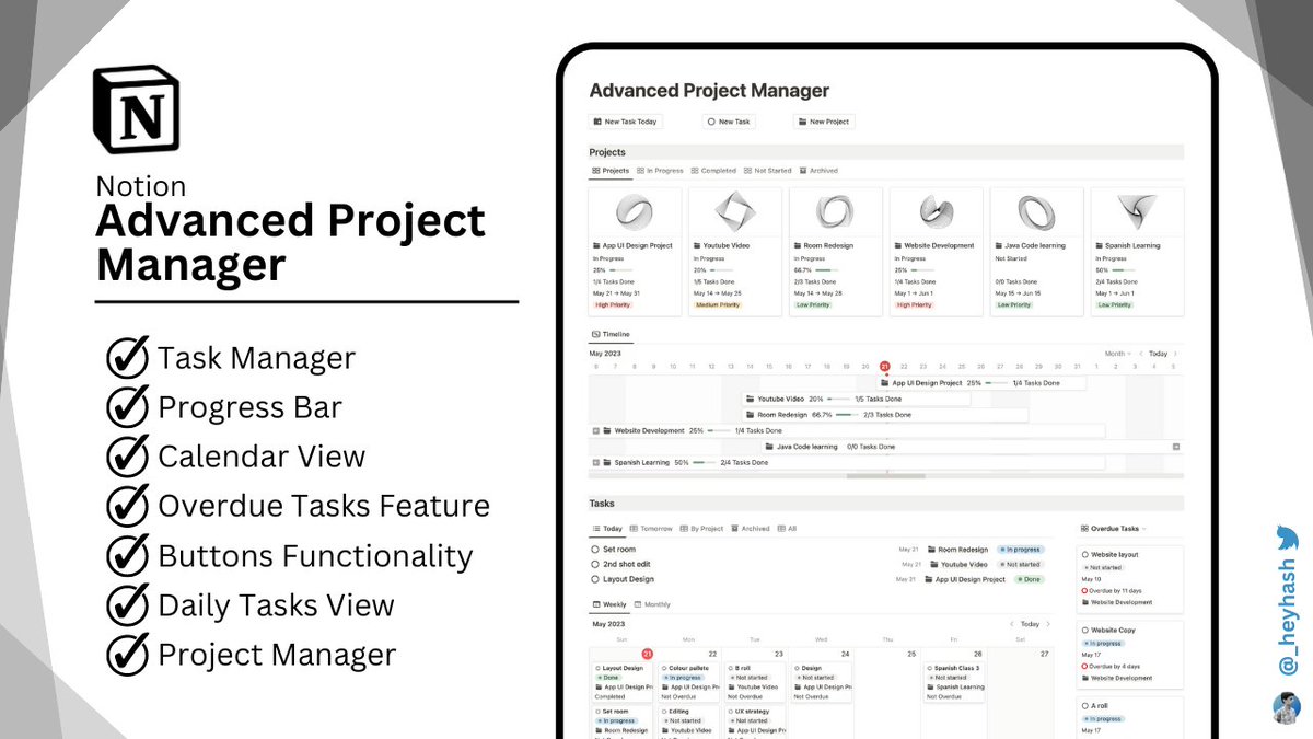 _heyhash's tweet image. I created a Notion Project Manager - A system to manage projects and tasks in a systematic way.

I am giving it away for FREE for the next 72hrs!

To get:
- Like and RT this tweet
- Comment &quot;Project&quot; below

and i&apos;ll DM you the link.
(Must be following to receive)
