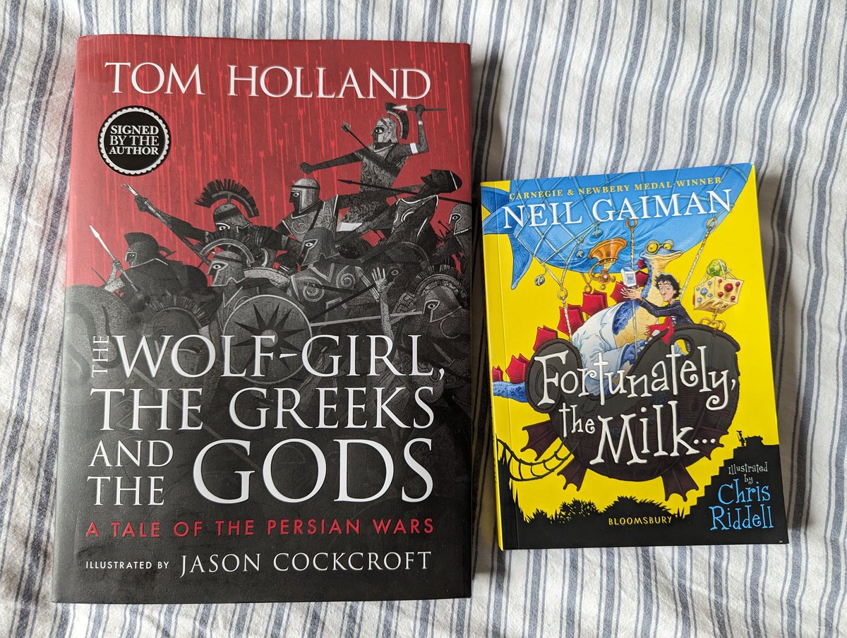 marshallstark's tweet photo. Top haul from the bookstore today. Our two favourite authors and our favourite illustrator! Thank you @holland_tom @neilhimself and @chrisriddell50 for your vision and creativity. https://t.co/Ycia5NZgfp