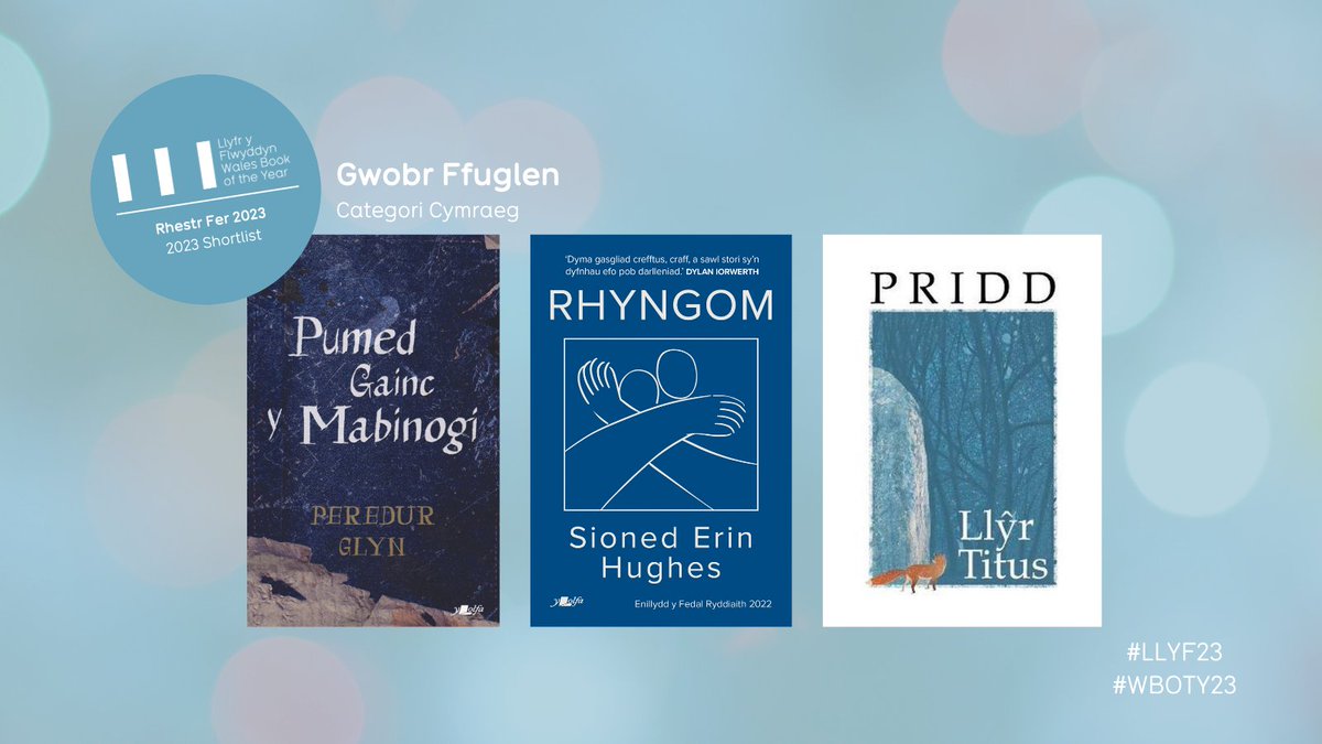 LlenCymru's tweet photo. Rhestr Fer Gwobr Ffuglen Llyfr y Flwyddyn 2023:

📚 Rhyngom, Sioned Erin Hughes (Y Lolfa)

📚 Pumed Gainc y Mabinogi, Peredur Glyn (Y Lolfa)

📚 Pridd, @LlyrTitus (Gwasg y Bwthyn)

#LLYF23 https://t.co/fEZq8u6L2s