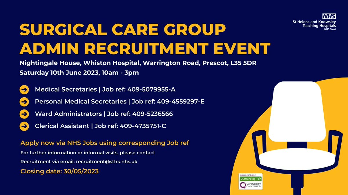 🎉 Why not drop in to our Admin Recruitment Event!

📅 Closing date: 30/05/2023

🚨 PLEASE NOTE: We will also have information stands where you can meet the teams, express an interest and be sent a link for any future recruitment.

#WeAreTheNHS