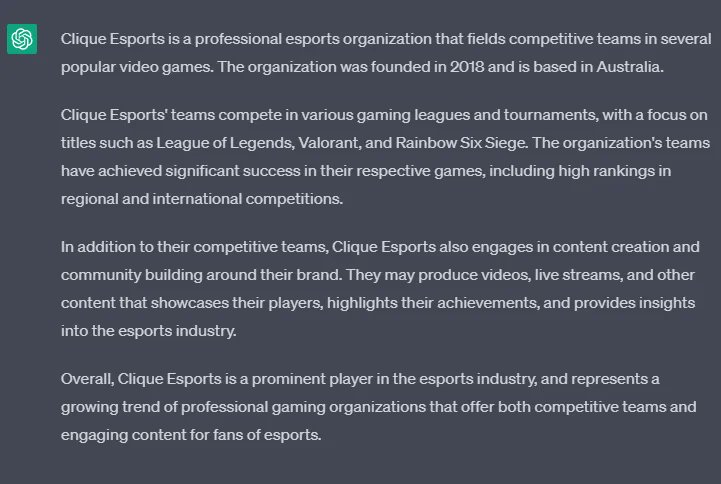 We asked @OpenAI’s ChatGPT about the Clique.

Here is what it had to say about @Clique_GG, we love it.

#JoinTheClique #ChatGPT