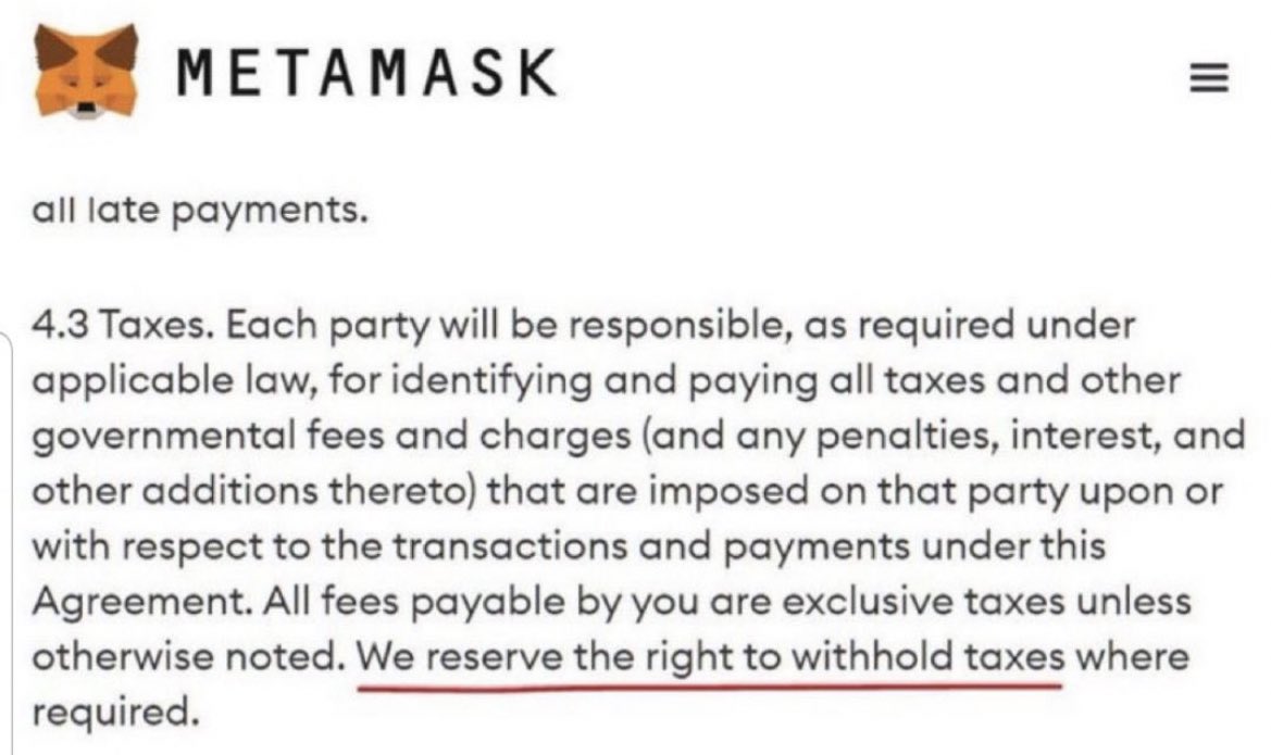 BudhilVyas's tweet photo. If you Don’t Pay #Crypto Tax, Metamask have rights to Hold your #cryptocurrency or #Bitcoin 

Decentralisation be like 🙄 ….😅 https://t.co/AoJ7LitXi3