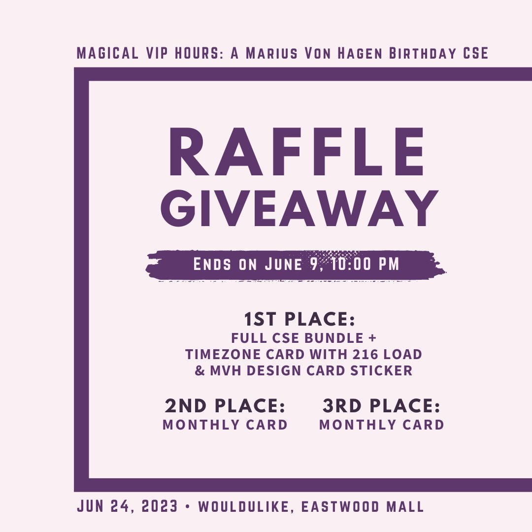 stelliseventsph's tweet photo. 🎡 RAFFLE GIVEAWAY 🎠

Come one, come all 🎤

One more month until Marius' special day! Celebrate it with us through this raffle giveaway 🎉

GA closes on June 9, 10PM GMT+8
*For PH residents who have GCash or Maya only

#MagicalVIPHours #MVHCSE2023 https://t.co/Y8IN7tCCpC