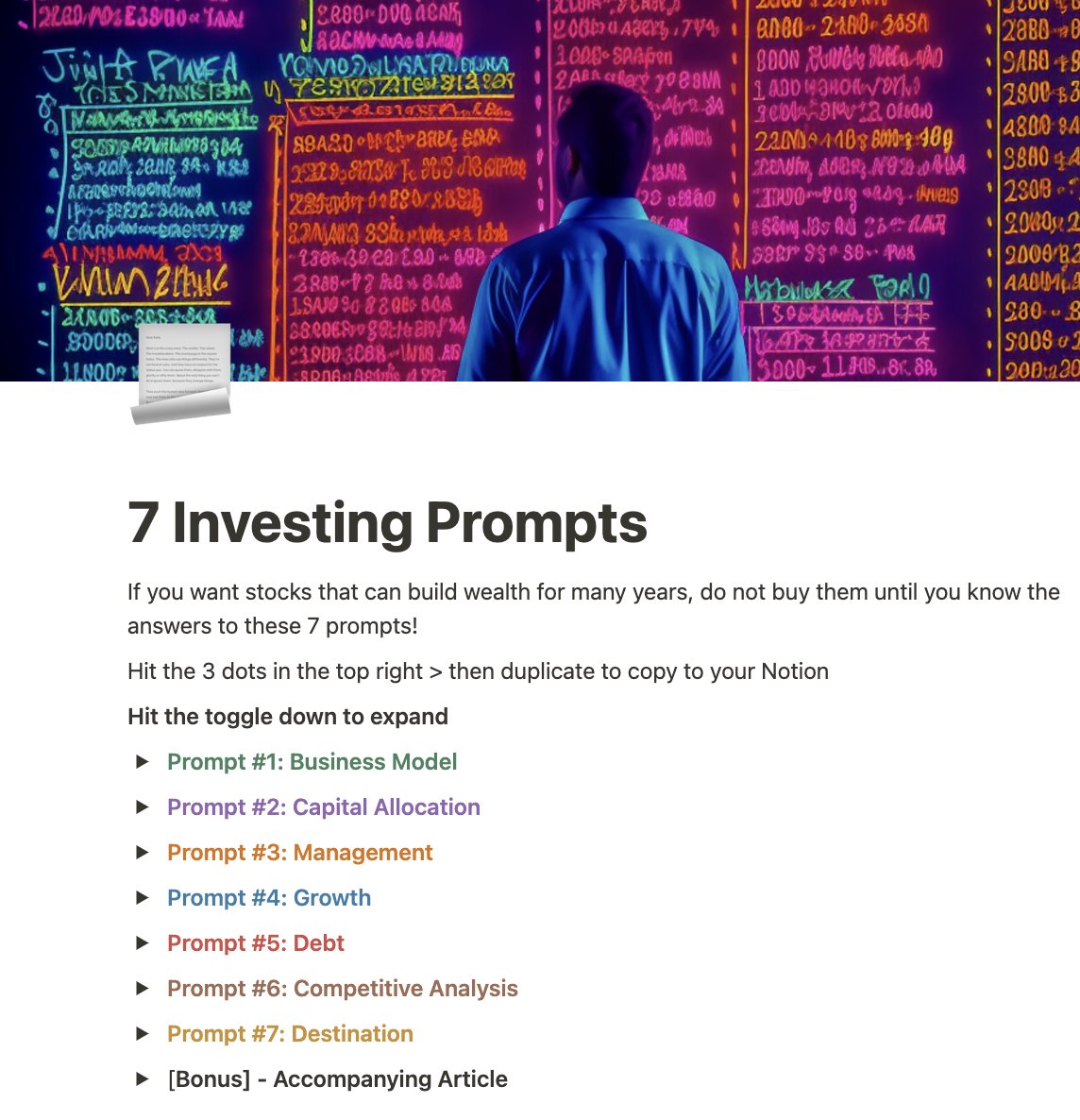 IrrationalMrkts's tweet photo. I'm sharing my 7 prompts I check before buying a stock.

Prompts include business model, capital allocation, management, growth, debt, competitive analysis and destination analysis.

Reply 👋  below, and I’ll send you my prompts!

You must follow me so I can DM you. https://t.co/HOWIsGUrAq