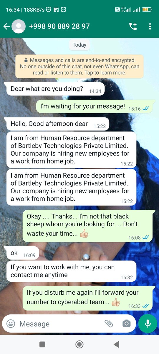 Saikrishna2908's tweet photo. @CyberCrimeshyd hello, good afternoon... I've received a message from unknown and it is foreign number... Please look into this ... I've attached the screenshot of WhatsApp chat.... Thanks https://t.co/N9xsmvovU3