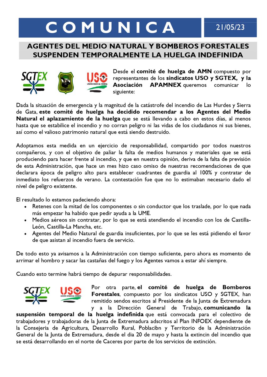 SindicatoSGTEX's tweet photo. #Extremadura #SGTEX #EmpleadosPúblicos
#AgentesMedioNatural y #BomberosForestales suspenden temporalmente la huelga indefinida hasta que se extinga el incendio de Las Hurdes y Sierra de Gata https://t.co/T1f5Q3slxW https://t.co/kl0ekPArMN