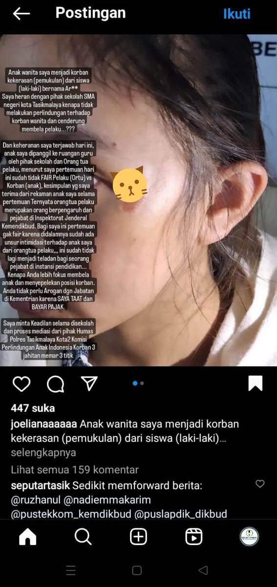 Sebuah postingan dari akun instagram @Joelianaaaaaa viral di media sosial, dia menceritakan anak perempuannya yg merupakan siswi salah satu SMA Negeri d Tasikmalaya menjadi korban penganiayaan teman sekelasnya.

Pd postingan tsb akun @joelianaaaaaa menceritaka bahwa anak