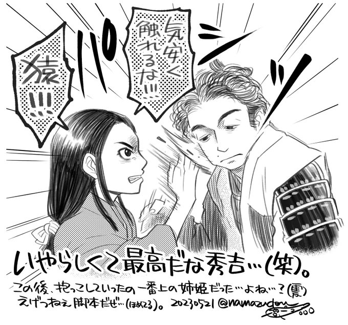 先週、予告で観て興奮したところ。 いやーもう、秀吉のドス黒さヤバくて草(初めて草とか言ったw)。なんだその目……。 お市さま、若い頃に信長ブートキャンプで揉まれてたから、あれで意外と重たいビンタだったりして…とか思ってる(笑)。 #どうする絵 #どうする家康