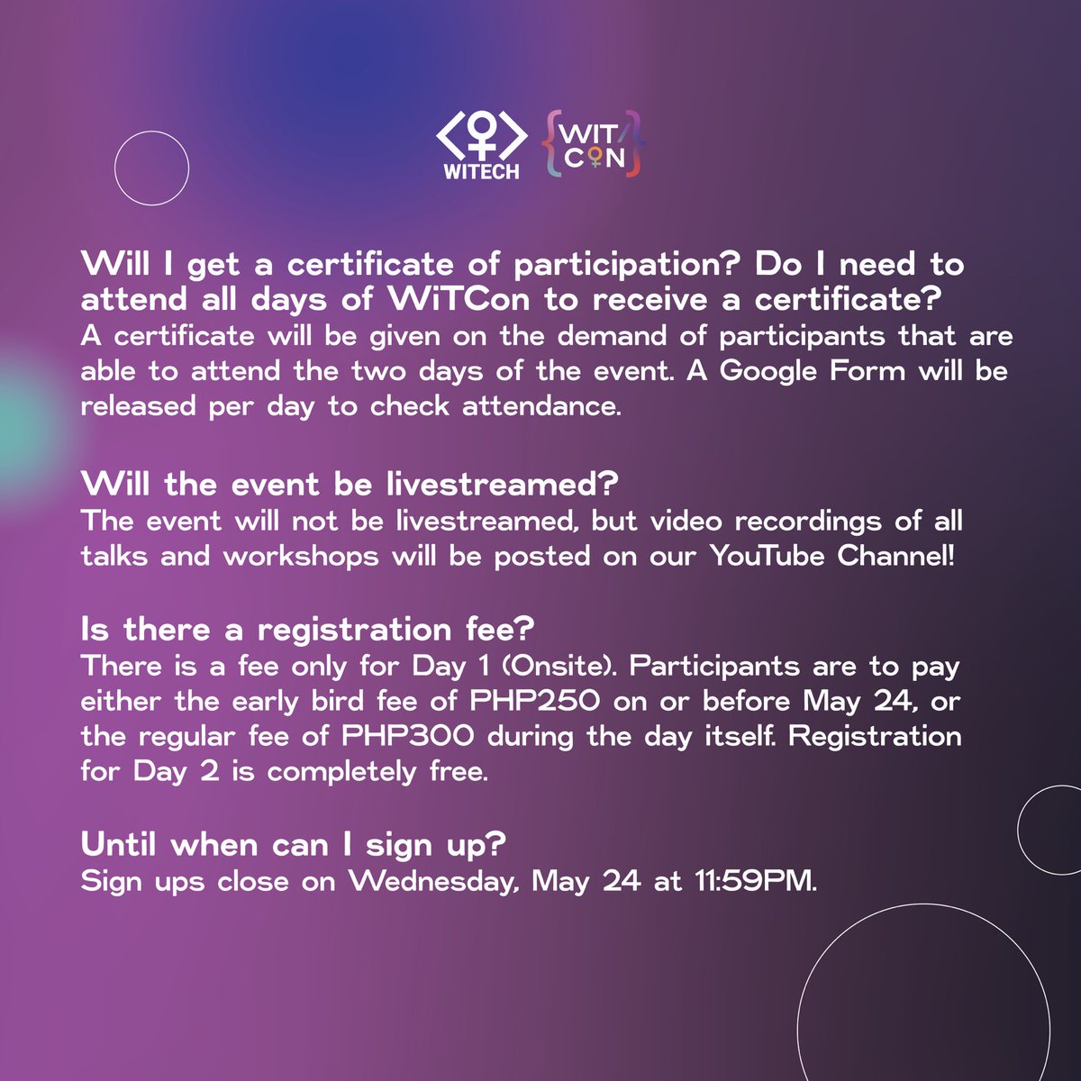 witechorg's tweet photo. You may have questions, so we’ve got answers! 😉
WiTCon 2023 is fast approaching! Here are answers to some frequently asked questions to help you get ready for this exciting event! 💜
Register for WiTCon at https://t.co/UxwnOotbYo 🤩
#TakingCTRL #WiTCon2023
#WiTech2023
(1/2) https://t.co/MVp6sbEBmS