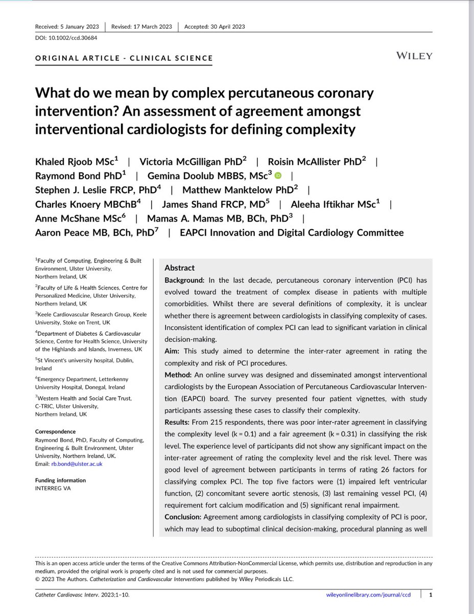 mmamas1973's tweet image. What do we mean by complex PCI- do interventional cardiologists agree?our #EAPCI survey of 251 IC led by @ajpeace74 suggests not. 
➡️ onlinelibrary.wiley.com/doi/10.1002/cc…

4 cases, kappa 0.1. Findings irrespective of seniority. Assessment of risk not much better. 
@Hragy @cardiojaydoc02…