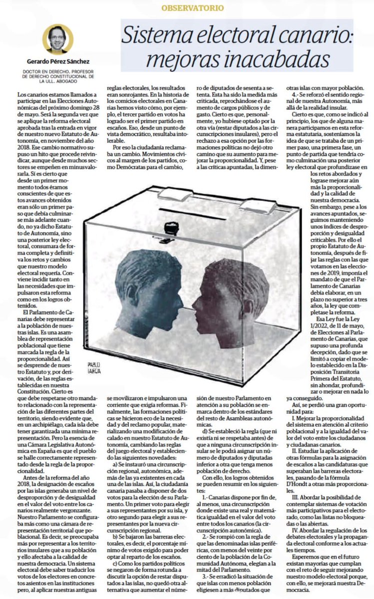Hoy Gerardo Pérez publica en <a href="/eldia/">El Día</a> su artículo "Sistema electoral canario: mejoras inacabadas". Gracias al profesor de la ULL <a href="/gerardo_perez_s/">Gerardo PérezSánchez</a> por explicar y defender la mejora que ha supuesto el nuevo sistema electoral para #Canarias con el que acudiremos el 28M a las urnas.